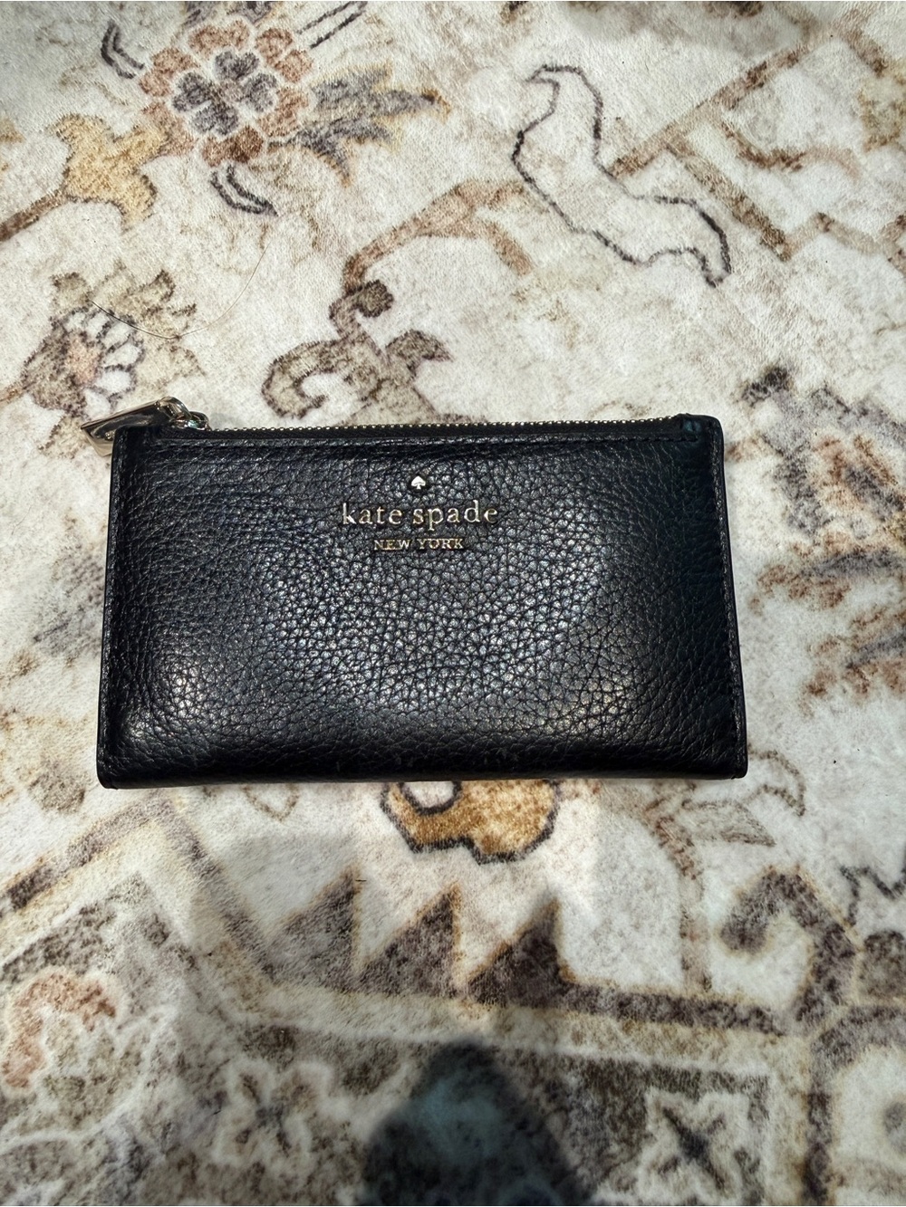 kate spade Black Pebbled Leather Zip Card Case with Gold Logo
